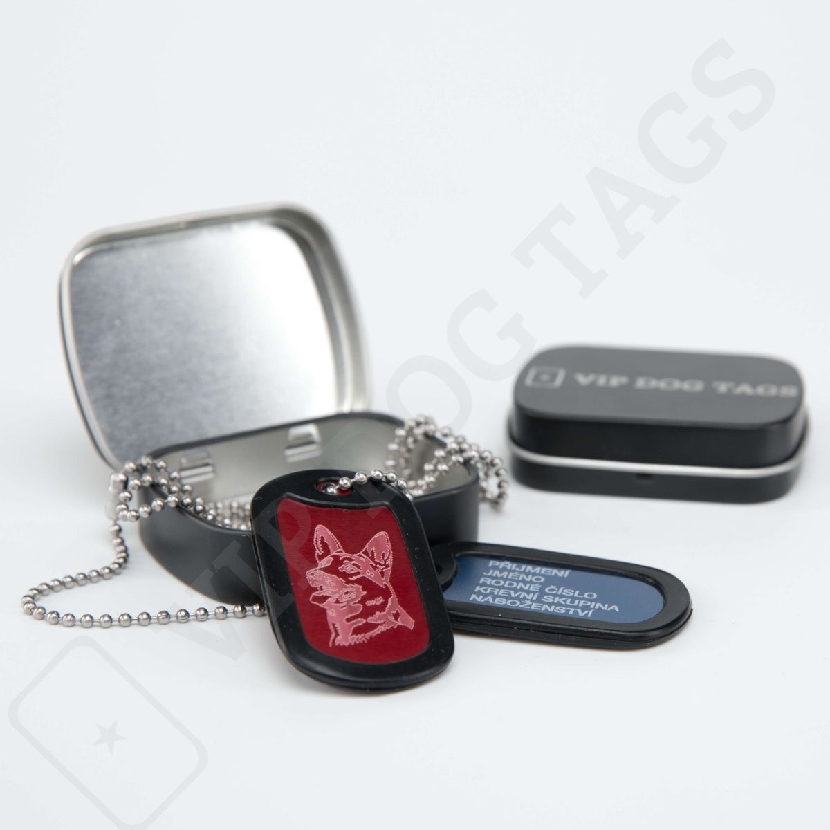 Vojenské identifikační psí známky hliníkové na krk - různé barvy, US Military Dog Tags Set Aluminium - 345642